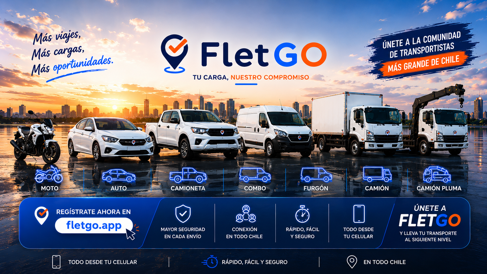 Flota FletGO — Moto, Auto, Camioneta, Combo, Furgón, Camión, Camión Pluma